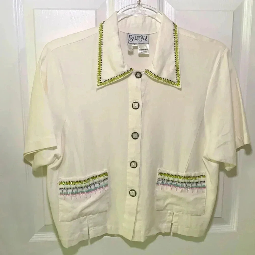 Surya beaded short sleeved linen jacket size small